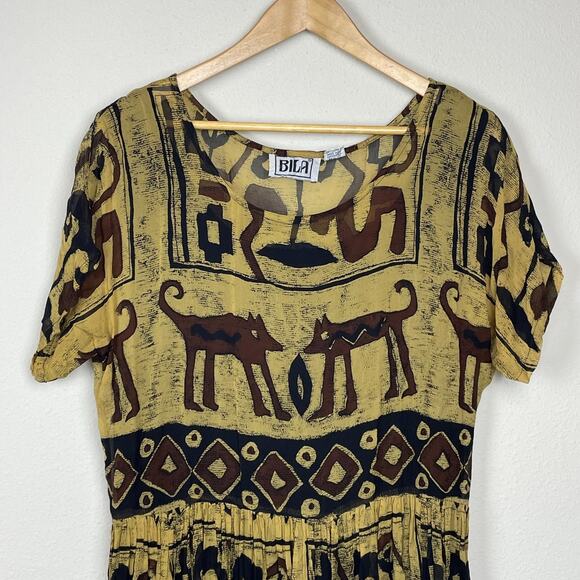 Vintage Bila Boho Maxi Dress L Aztec Print Crinkle Chiffon Lined Artsy - Picture 3 of 6